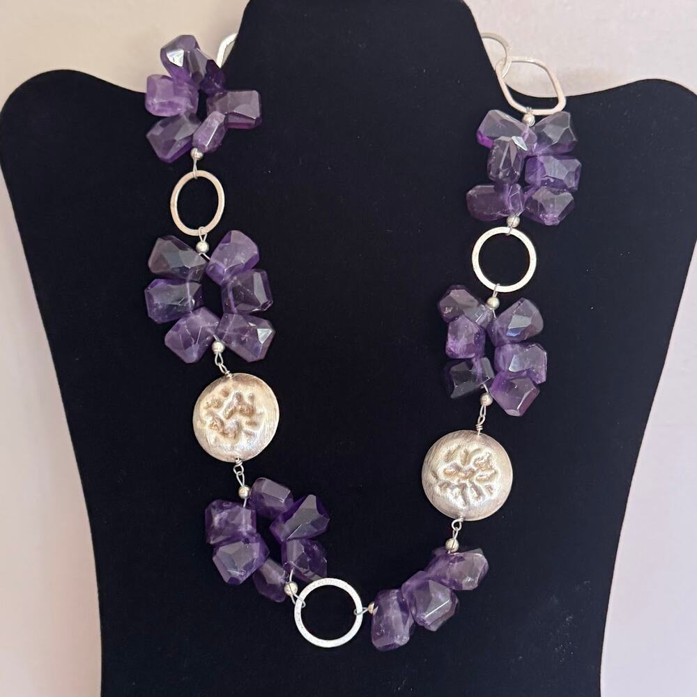 Deb Guyot 925 Sterling Silver Raw Amethyst Nugget Beaded Statement Necklace